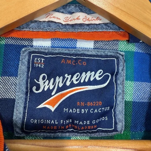 Supreme Flannel Button Shirt Mens Medium Green Blue Plaid Casual Cotton - Picture 3 of 9